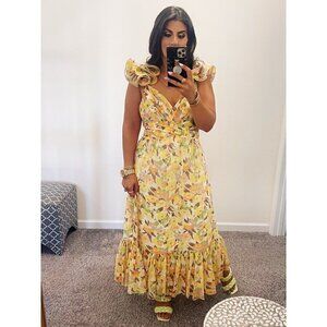 Likely Yellow Floral Midi Dress with Ruffled Shoulders Sz 8 great condition